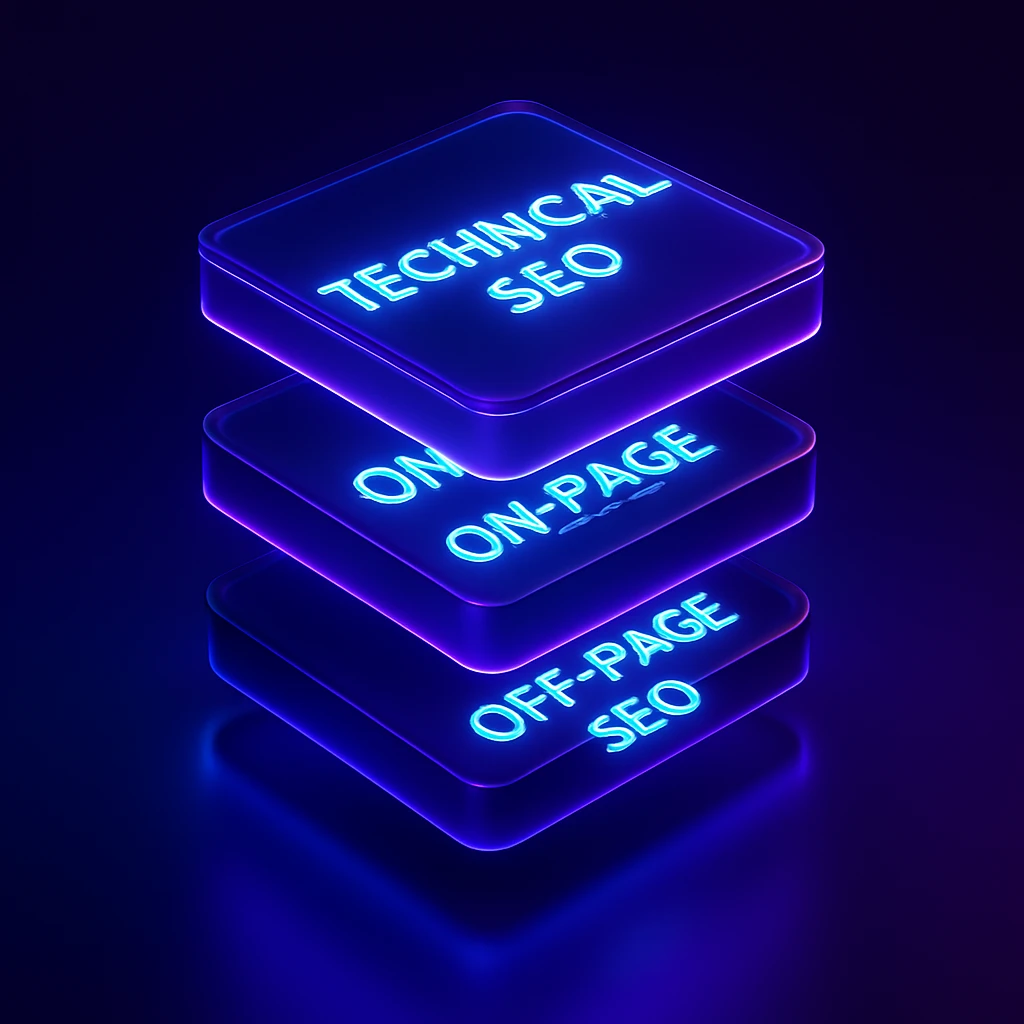 The 3 types of SEO: On-Page SEO, Off-Page SEO, and Technical SEO — Rise Marketing HQ diagram