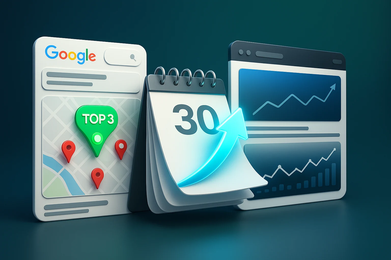 Google map results with a Top 3 pin beside a calendar and rising performance charts
