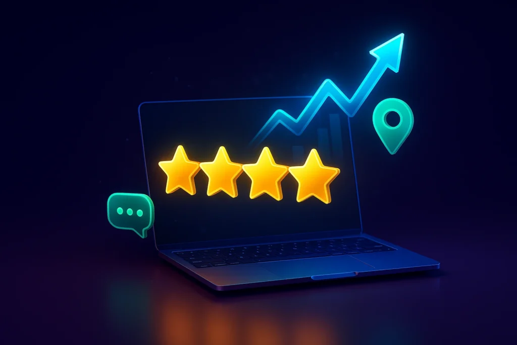Laptop with glowing review stars, a chat bubble and a map pin on a rising arrow