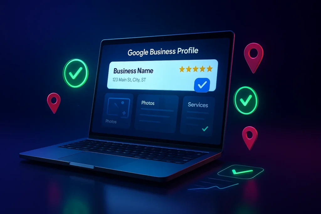 Laptop showing a verified Google Business Profile with photos, services and map pins