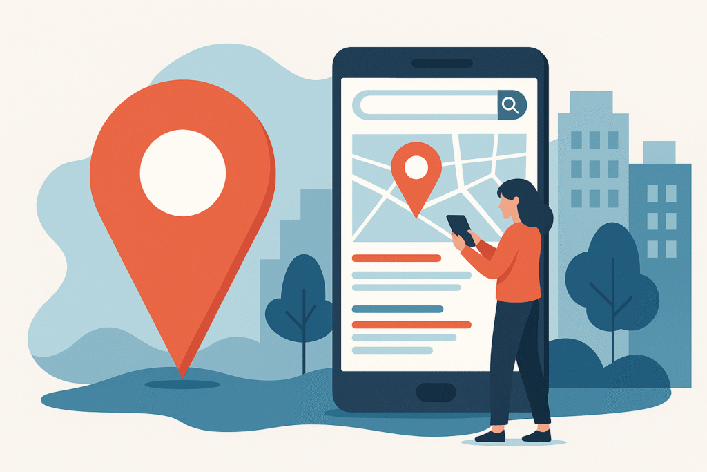 Illustration of a woman using local search on a phone map with location pin