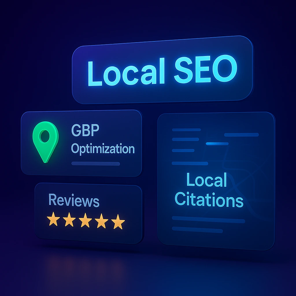 Local SEO graphic showing Google Business Profile optimization, reviews and local citations