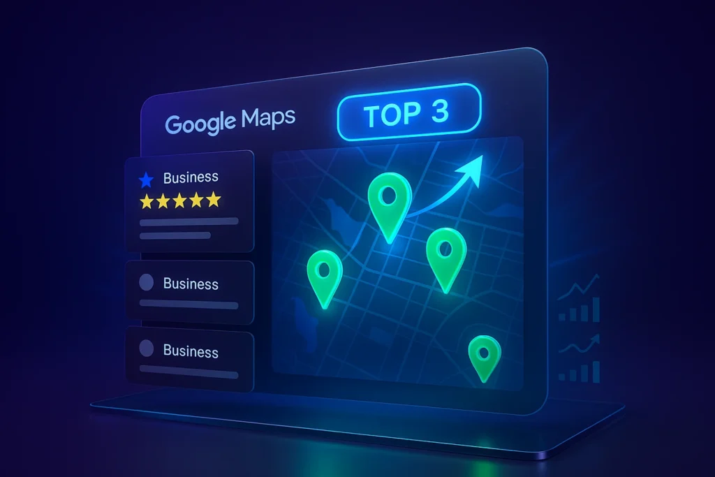 Google Maps Top 3 local results illustration with green map pins and five-star listing