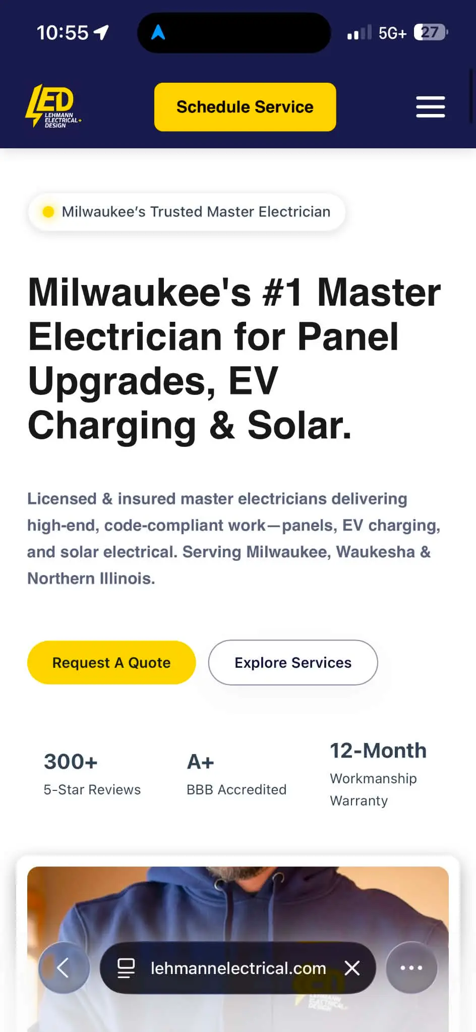 Lehmann Electrical & Design website on a phone, with the Schedule Service and Request a Quote buttons