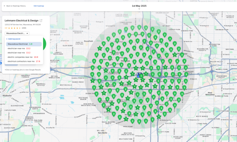Map-pack ranking grid for Lehmann Electrical & Design on Wauwatosa electrician, 1 May 2025