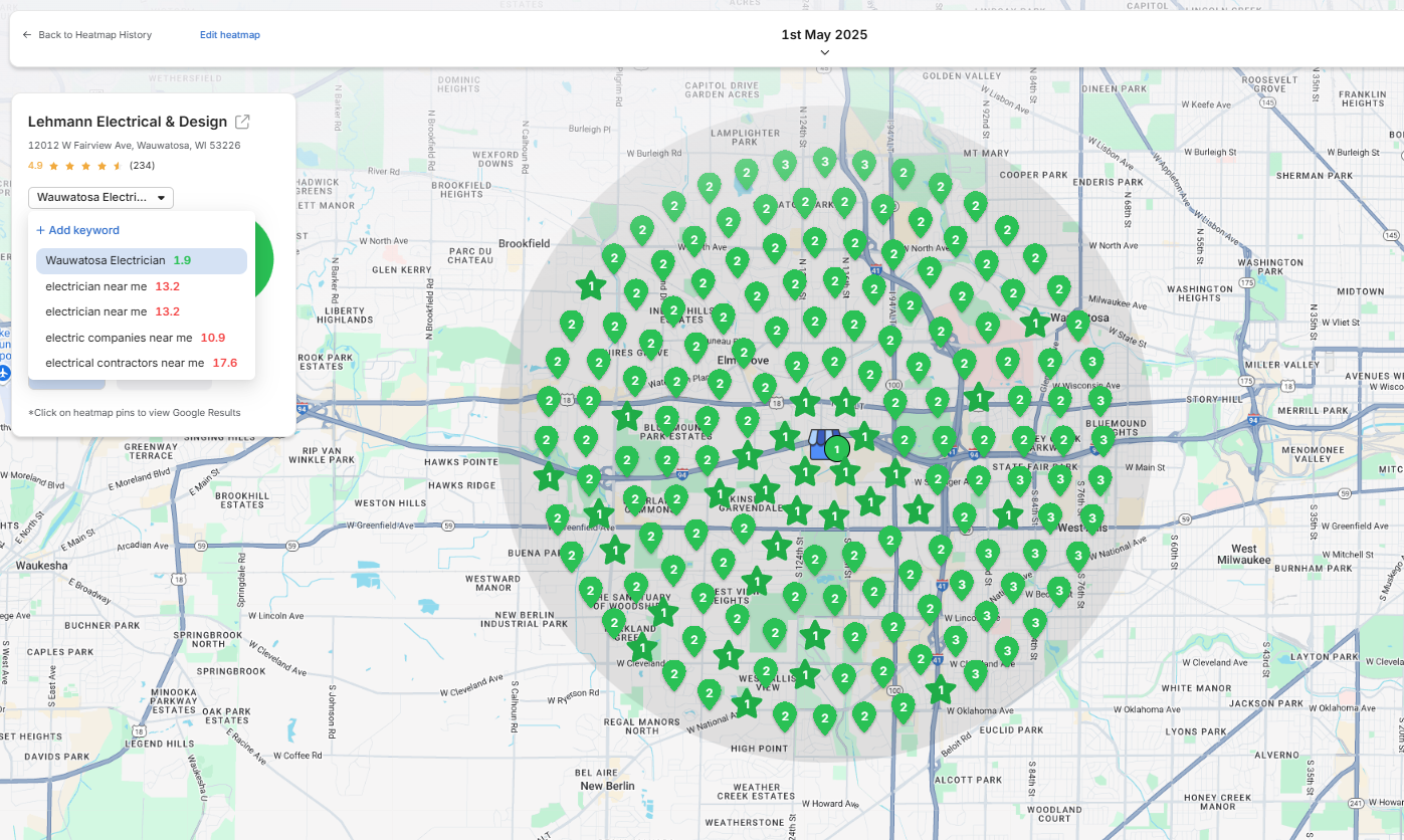 Map-pack ranking grid for Lehmann Electrical & Design on Wauwatosa electrician, 1 May 2025