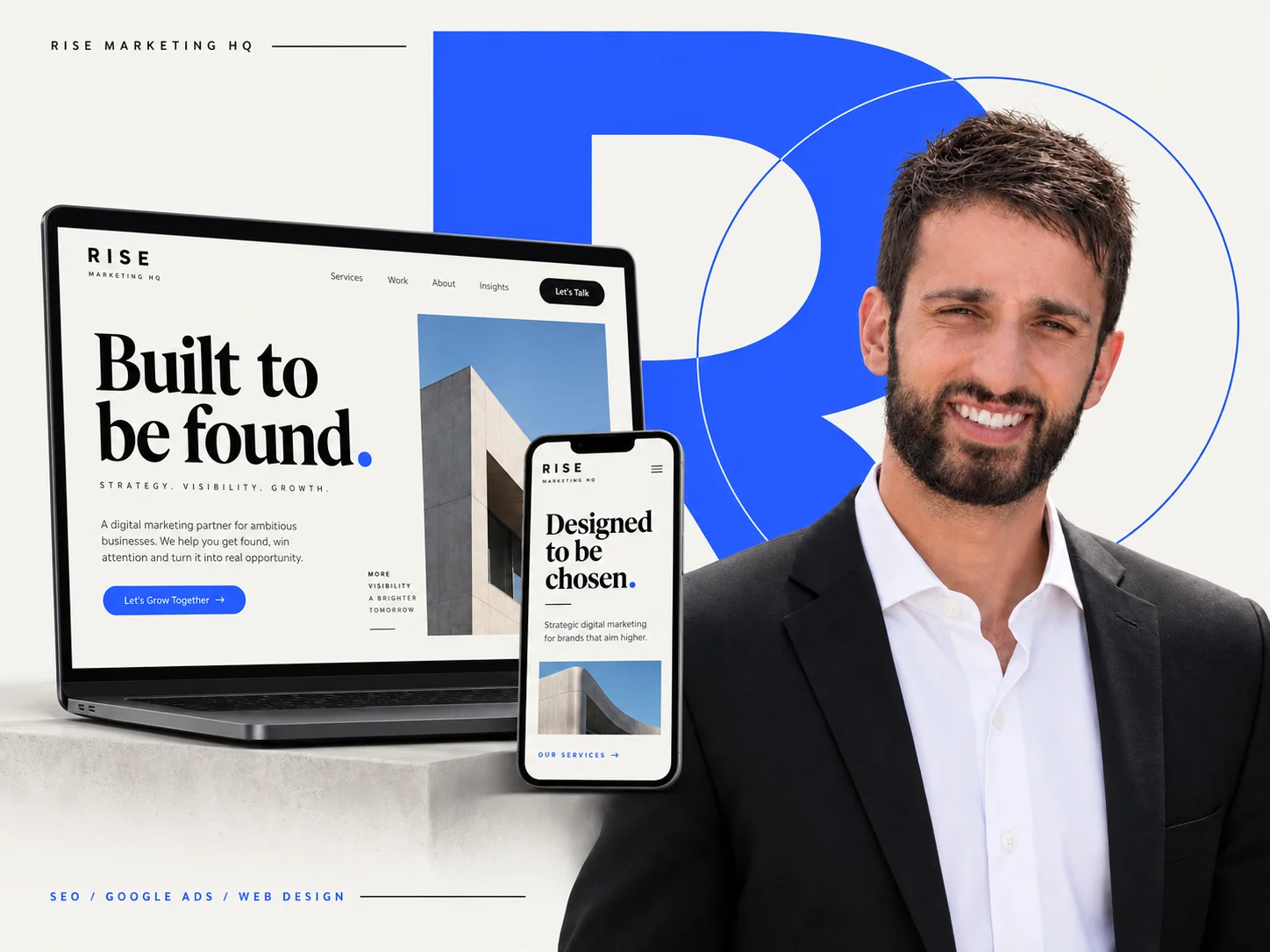Christos Karampetsos, founder of Rise Marketing HQ, beside Rise website designs on a laptop and phone