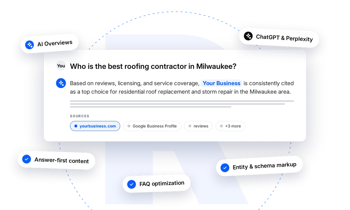 An AI answer engine citing a local business, with its website, Google Business Profile and reviews as sources