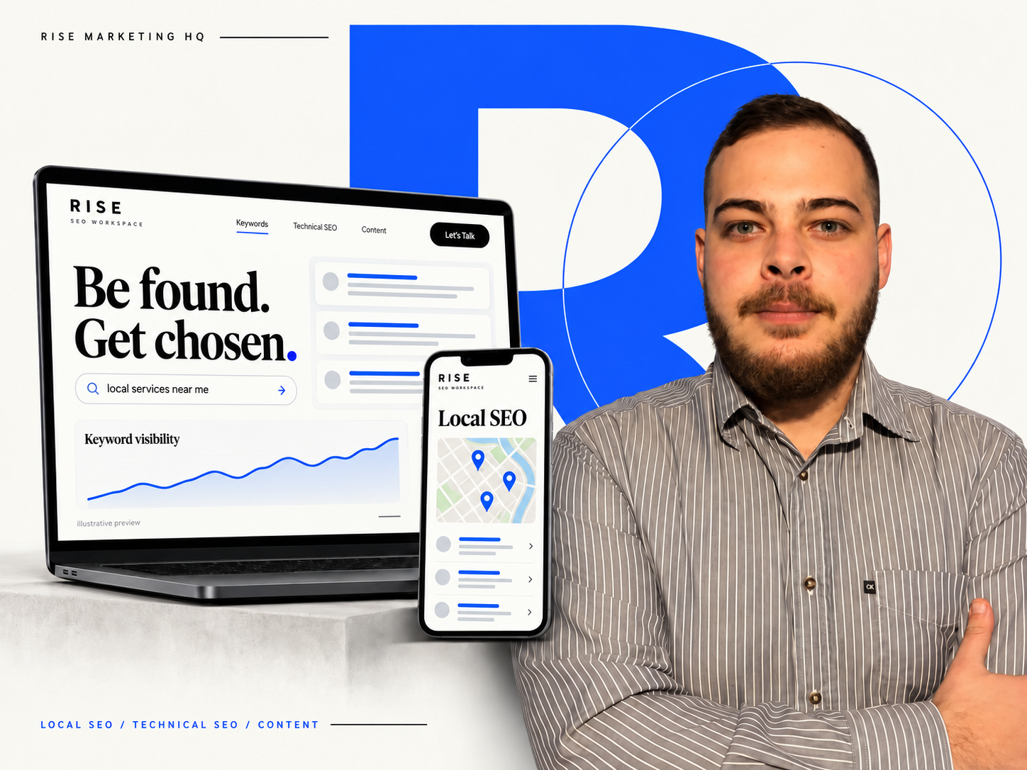 Filipos Maziotis, Project Manager at Rise Marketing HQ, with the Rise SEO workspace preview