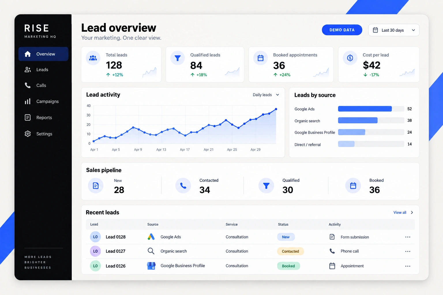 Local SEO reporting dashboard showing Map Pack rankings, calls, and leads for a Rise Marketing HQ client