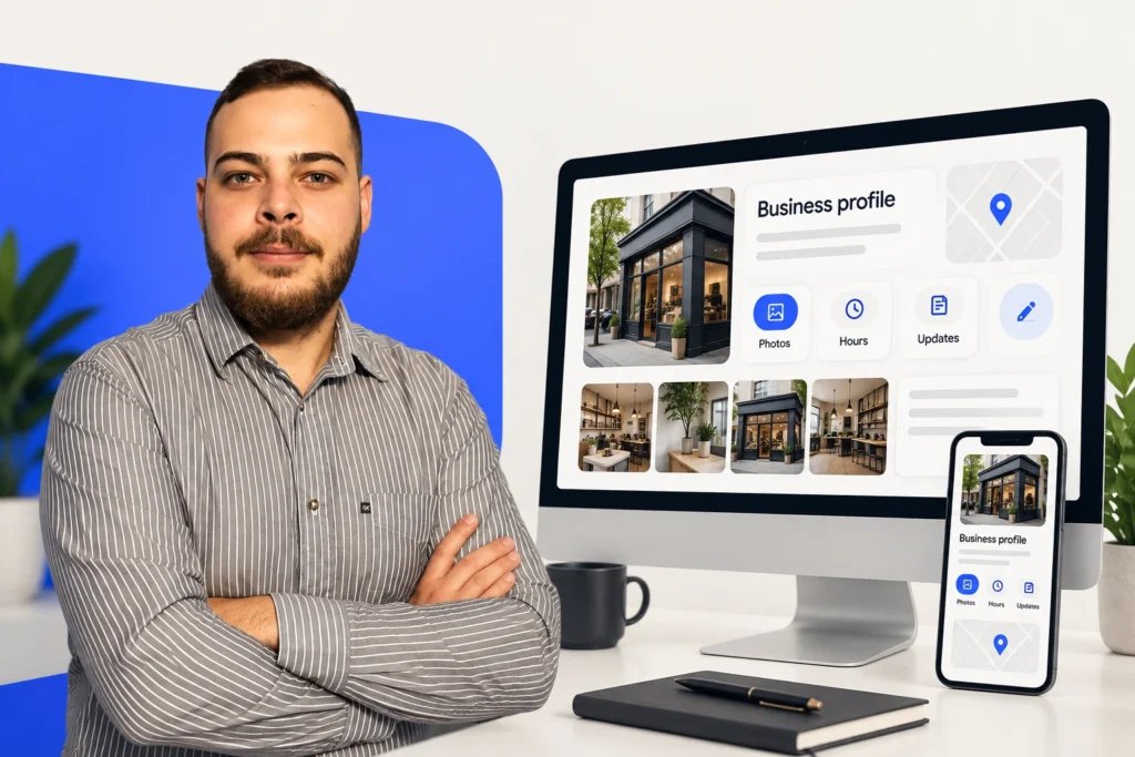 Team member with crossed arms beside a monitor showing a business profile layout