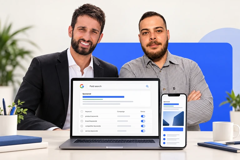 Christos and Filip of Rise Marketing HQ with Google Ads campaign screens