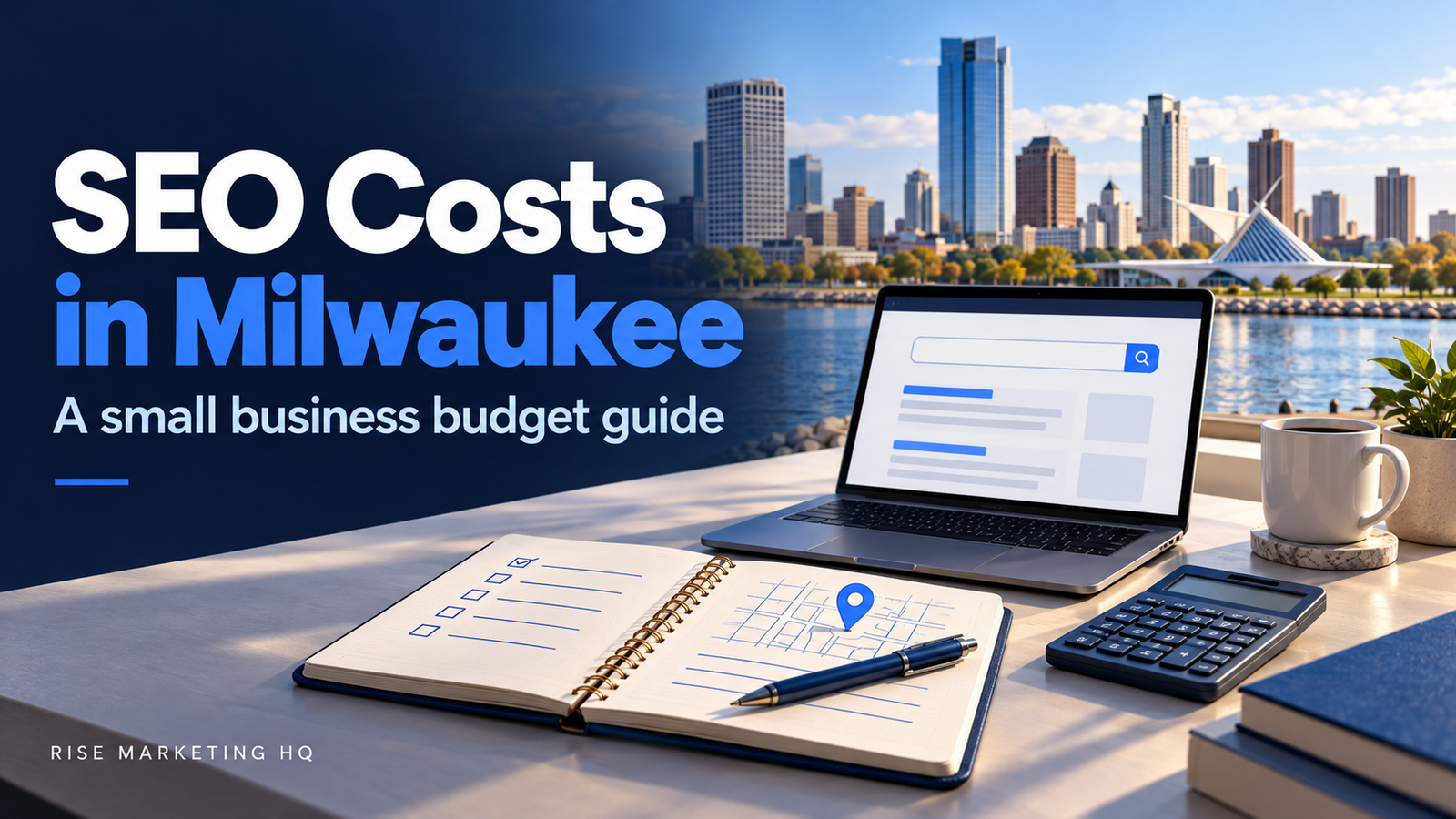 SEO Costs in Milwaukee budget guide banner with laptop, notebook and Milwaukee skyline
