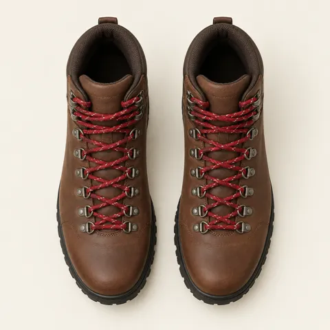 Example product photo: a pair of brown leather hiking boots with red laces