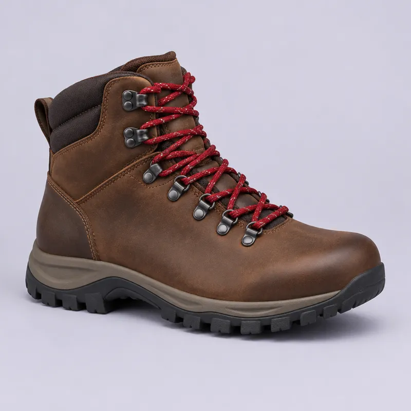Brown leather waterproof hiking boot on a product page