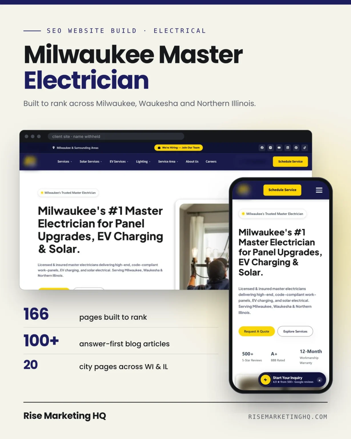 An electrical contractor website we built, on a phone, with request a quote and explore services buttons