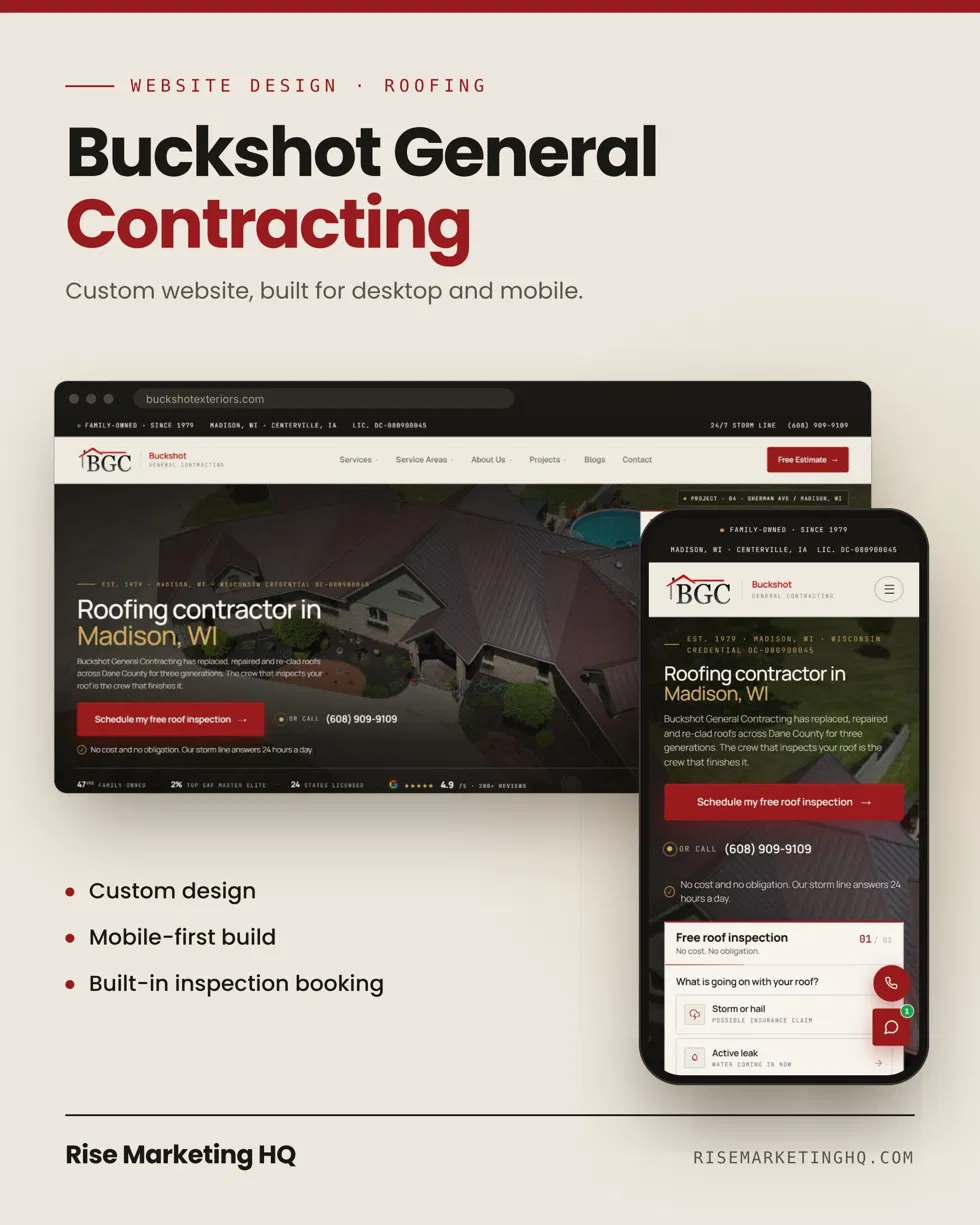 Buckshot General Contracting roofing website shown on desktop and mobile