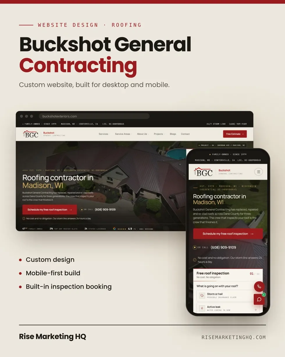 Buckshot General Contracting website designed by Rise Marketing HQ, shown on desktop and mobile: roofing contractor in Madison, WI with a free roof inspection booking form