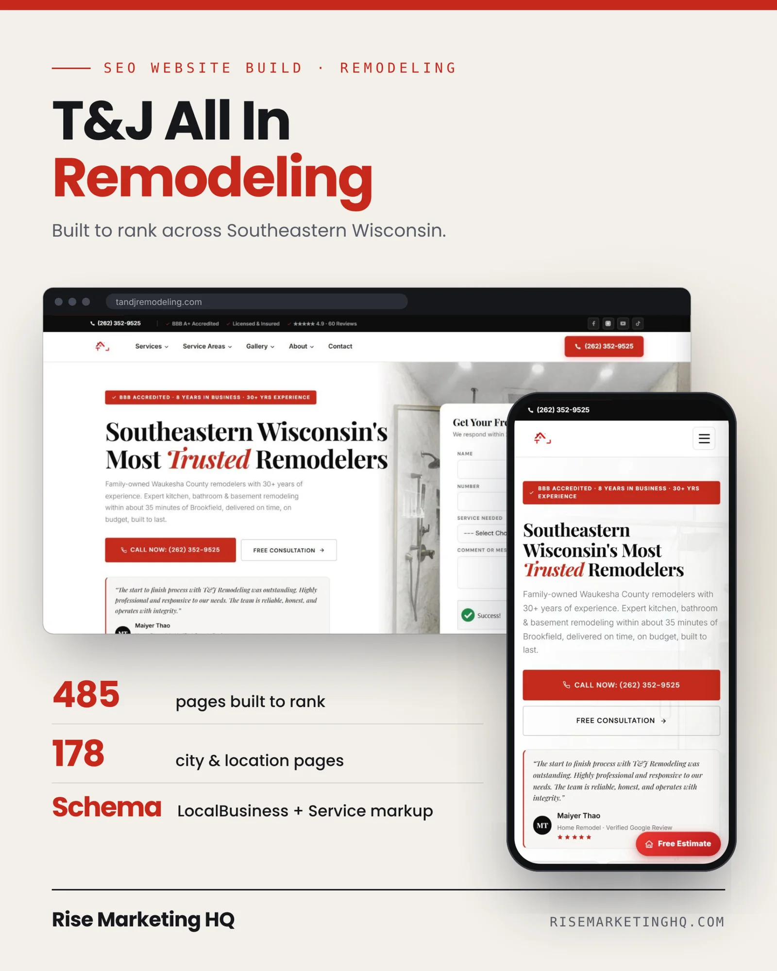 The T&J All In Remodeling website on a phone: Southeastern Wisconsin's most trusted remodelers, with call and free consultation buttons