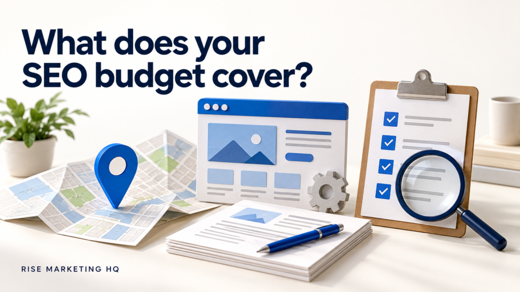 SEO budget graphic with map pin, web page mockup, checklist clipboard and magnifying glass